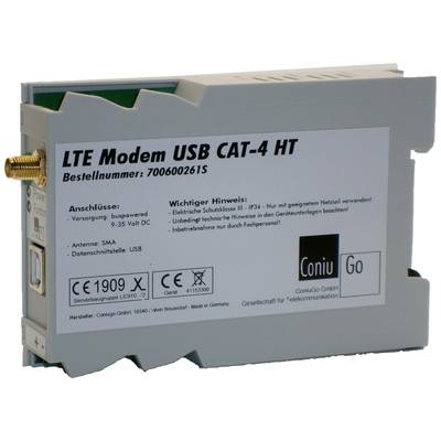Ein LTE-USB-Modem CAT-4 HT mit Aufschrift 'LTE Modem USB CAT-4 HT'. Enthält Verbindungsanleitungen und wichtige Hinweise zu Gebrauch und Sicherheit.
