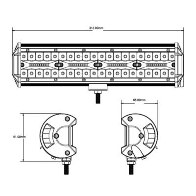 Technische Zeichnung eines LED-Lichtbalkens mit Maßen: Länge 312 mm, Höhe 91 mm, Tiefe 65 mm. Draufsicht und Seitenansicht enthalten.