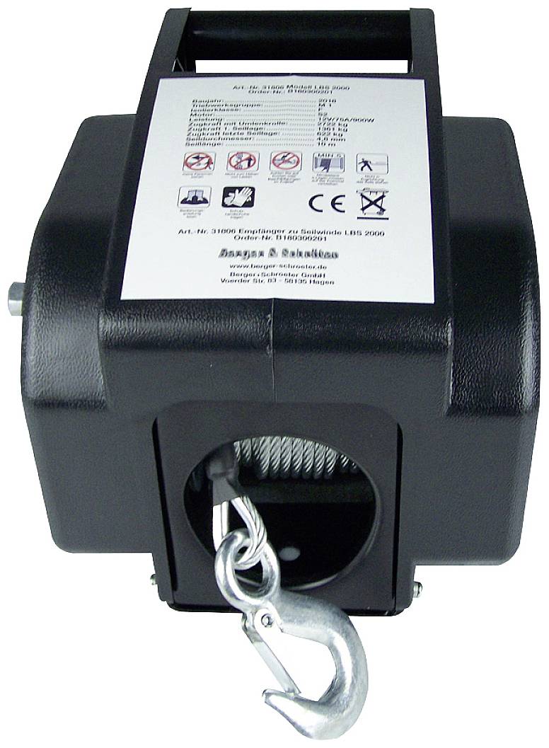 Elektrische Seilwinde mit einem Haken aus Metall. Oben eine Bedienungsanleitung mit Sicherheits- und Warnhinweisen sowie technischen Details.