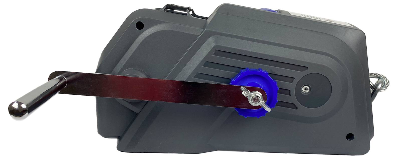 Manuelle Windeinheit mit blauem Zahnrad und Kurbel zur mechanischen Bewegung oder Bedienung, in dunkelgrauem Gehäuse.