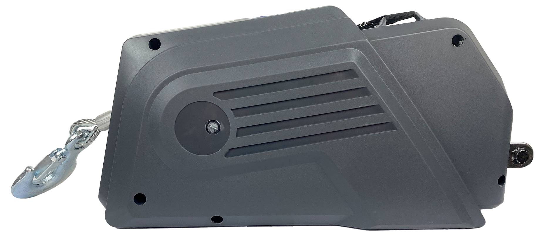 Eine schwarze elektrische Seilwinde mit Haken, verwendet zum Ziehen schwerer Lasten.