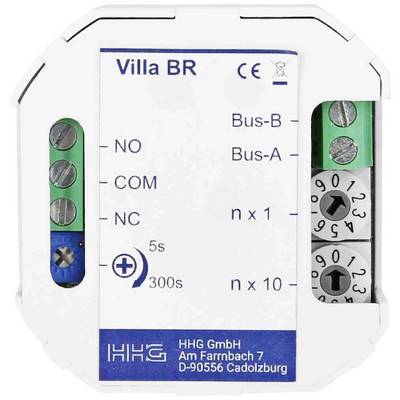 Ein elektronisches Gerät mit Anschlussklemmen und einem Drehschalter, beschriftet mit 'Villa BR'. Hersteller: HHG GmbH, Cadolzburg.