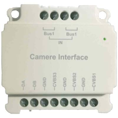 Ein weißes Kamera-Interface-Gerät mit sechs oberen Anschlüssen beschriftet mit 'Bus1', 'IN' und sechs unteren Anschlüssen beschriftet mit '-DA', '-DB', 'GND', 'CVBS3', 'CVBS2', 'CVBS1'.