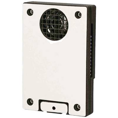 Ein rechteckiges elektronisches Gerät mit einem Lüftergitter oben, befestigt mit vier sichtbaren Schrauben.