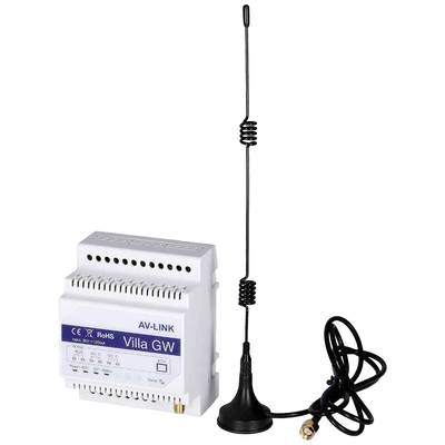 Ein Fernsteuerungsmodul mit Antenne, beschriftet mit 'AV-LINK Villa GW', platziert auf einer weißen Hintergrundfläche.