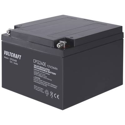 Schwarze Voltcraft-Batterie, Modell CP12240E, mit 12 Volt und 24 Ah. Wiederaufladbar, auf einem weißen Hintergrund platziert.