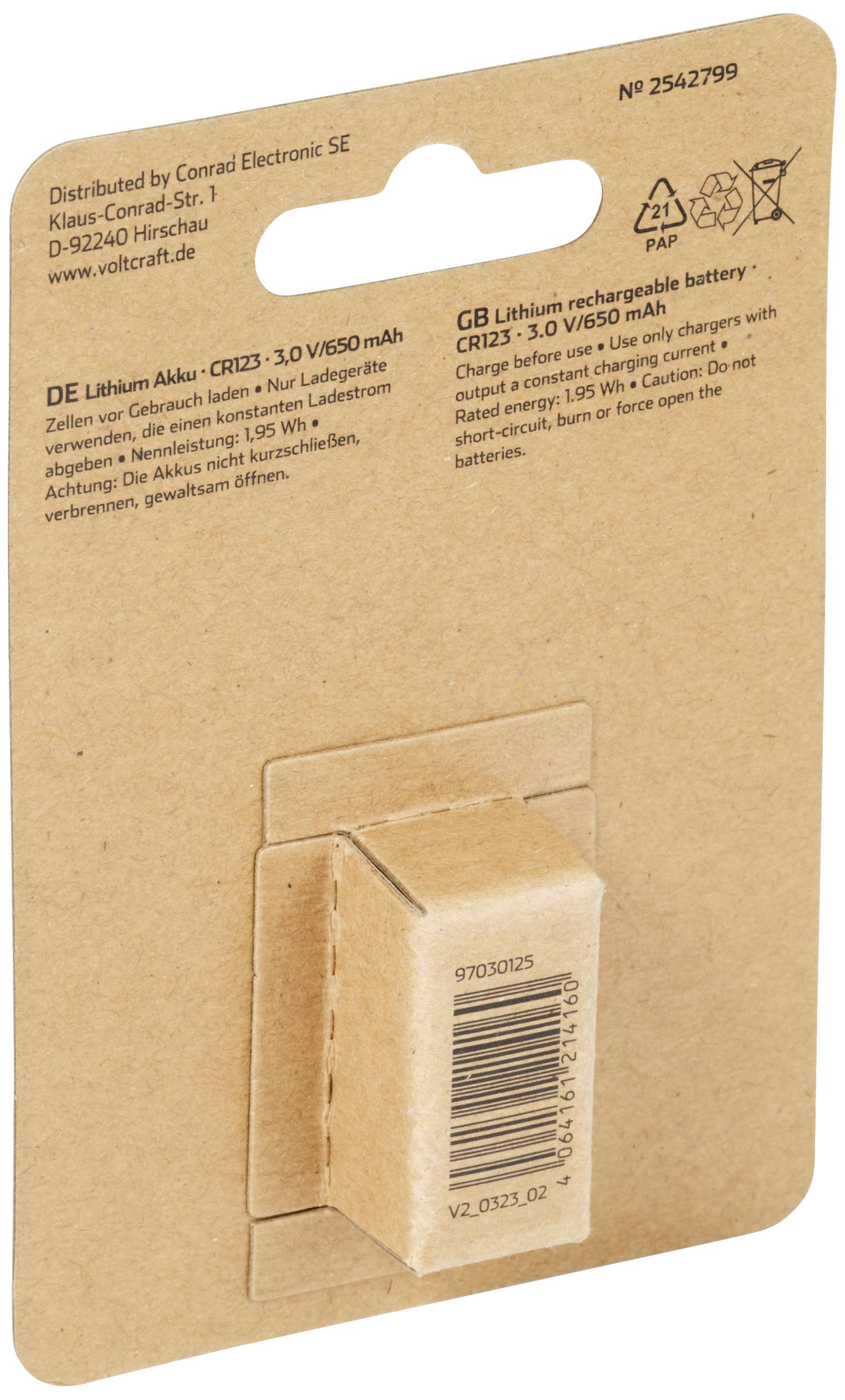 'CR123 Lithium Akku 3,0 V/650 mAh', in deutscher und englischer Sprache erklärt, Kartonverpackung, Hergestellt von Conrad Electronic SE.