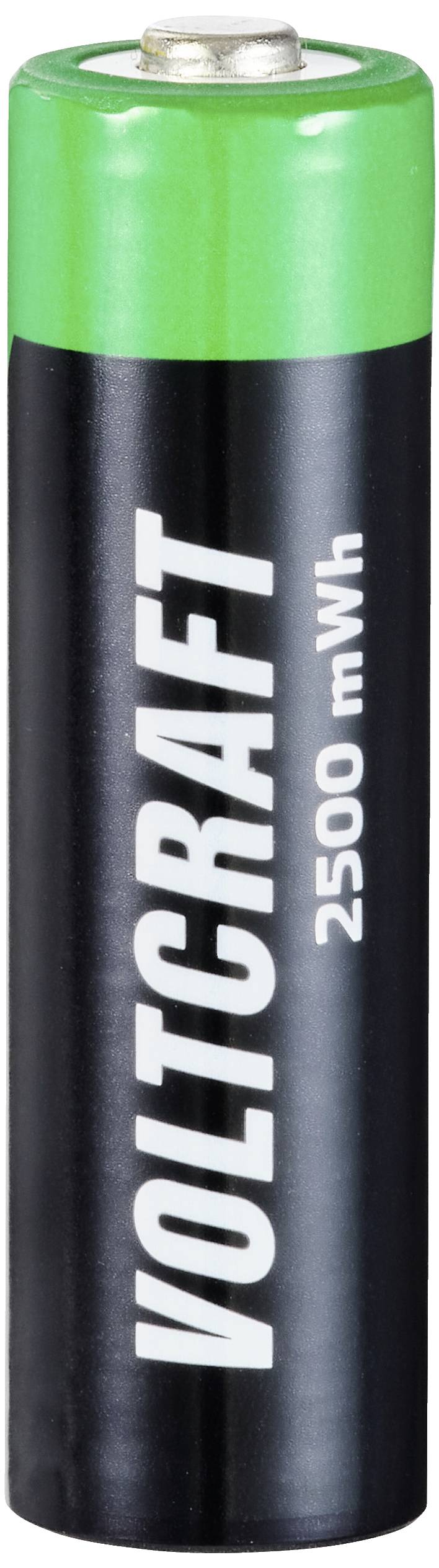 Eine schwarze Batterie mit grünem Kopf. Beschriftet mit 'VOLTCRAFT 2500 mWh'.