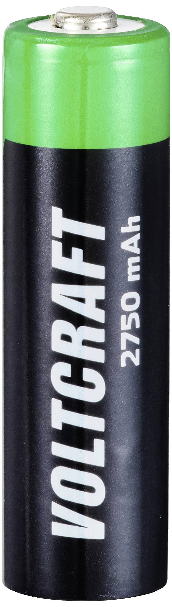 Eine AA-Batterie der Marke Voltcraft mit einer Kapazität von 2750 mAh, hauptsächlich schwarz mit grünem Kopf.