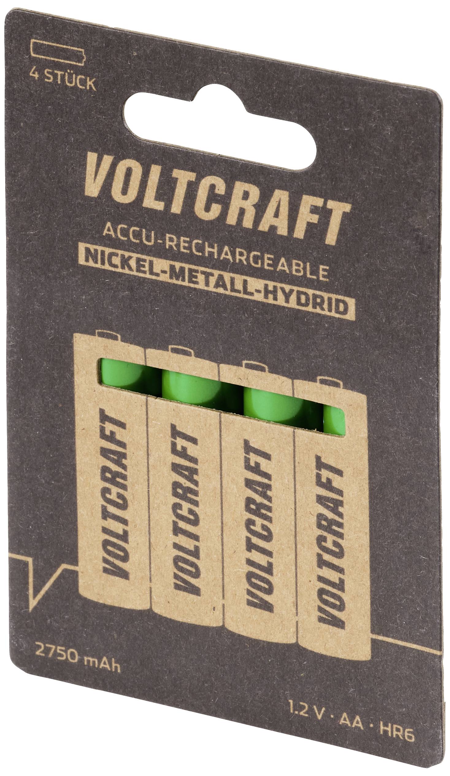 Packung mit vier wiederaufladbaren Nickel-Metallhydrid-AA-Akkus der Marke Voltcraft, Kapazität 2750 mAh.
