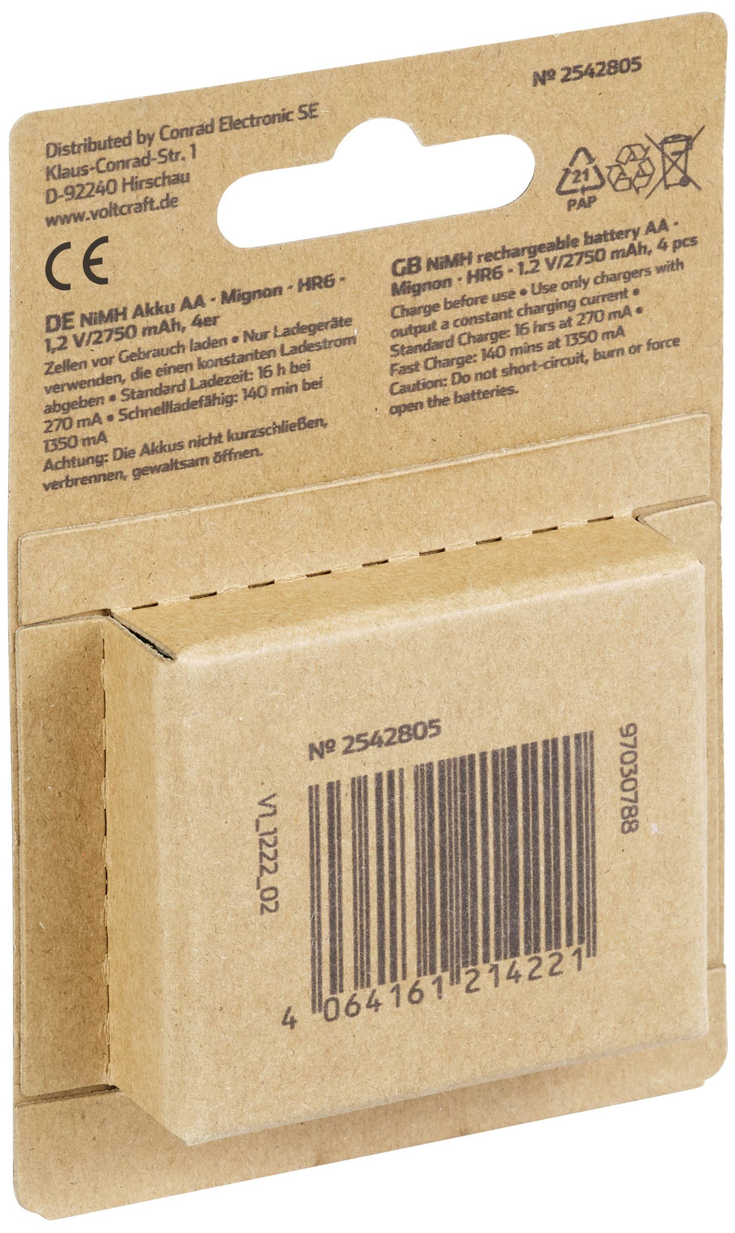 Braunverpackung von Conrad Electronic: 'NiMH Akku AA', 1,2V/2750 mAh, 4 Stück. Mit Strichcode und Kontaktinformation des Herstellers.