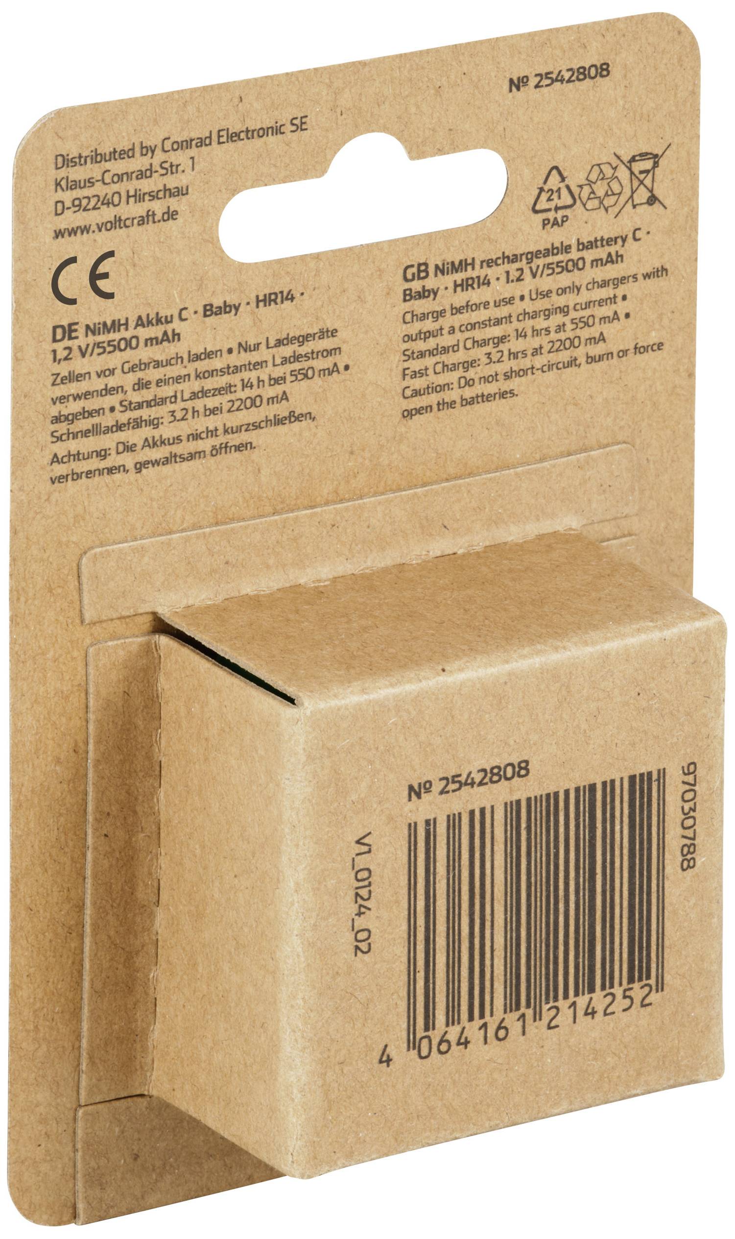 Braune Verpackung einer Baby C NiMH Batterie mit 1,2V und 5500 mAh. Aufdruck zeigt Firmenadresse, Website und Strichcode.