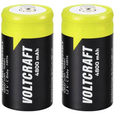 Zwei wiederaufladbare Batterien der Marke Voltcraft mit einer Kapazität von 4800 mAh und einer Spannung von 1,2V, Typ C Baby HR14.