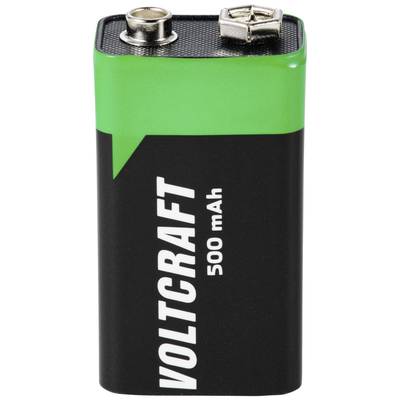 Eine rechteckige 9-Volt-Batterie der Marke Voltcraft mit einer Kapazität von 500 mAh. Oben sind die beiden Anschlüsse sichtbar.
