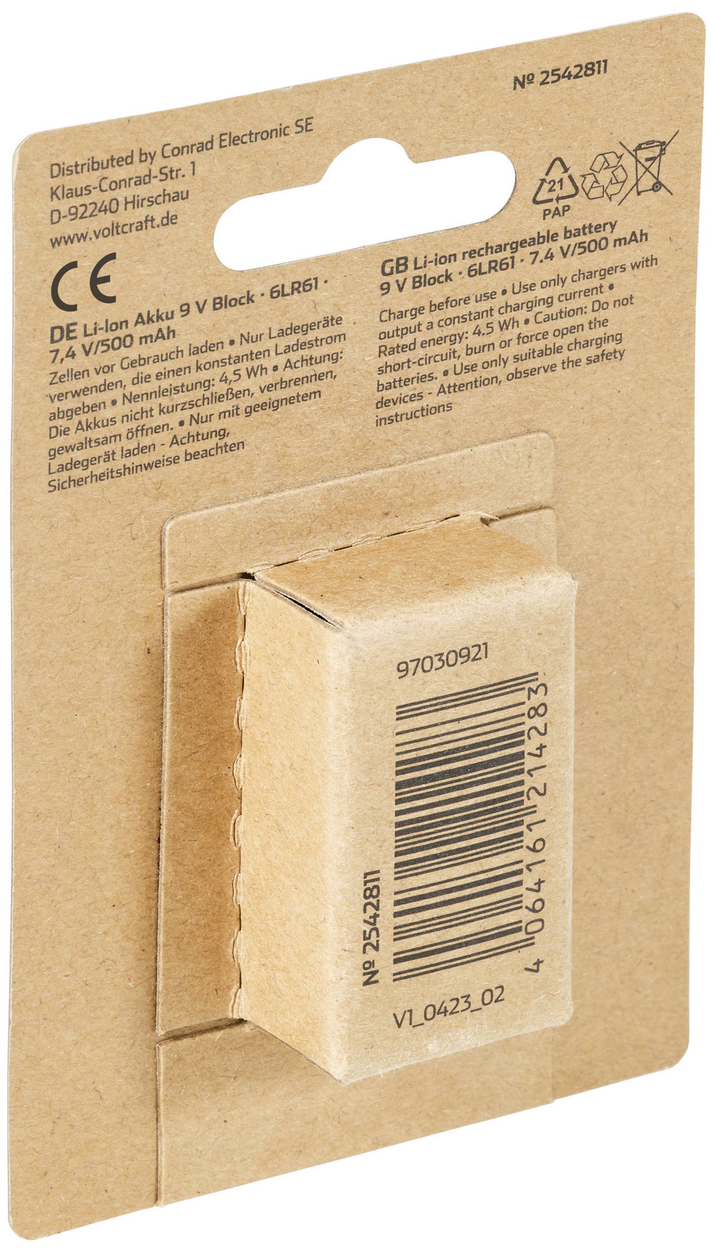 Eine Verpackung für einen 9V Li-Ion-Akku, präsentiert von Conrad Electronic SE, mit technischen Details und Barcode auf der Rückseite.