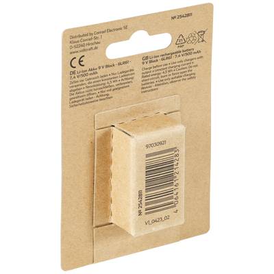 Eine Verpackung für einen 9V Li-Ion-Akku, präsentiert von Conrad Electronic SE, mit technischen Details und Barcode auf der Rückseite.