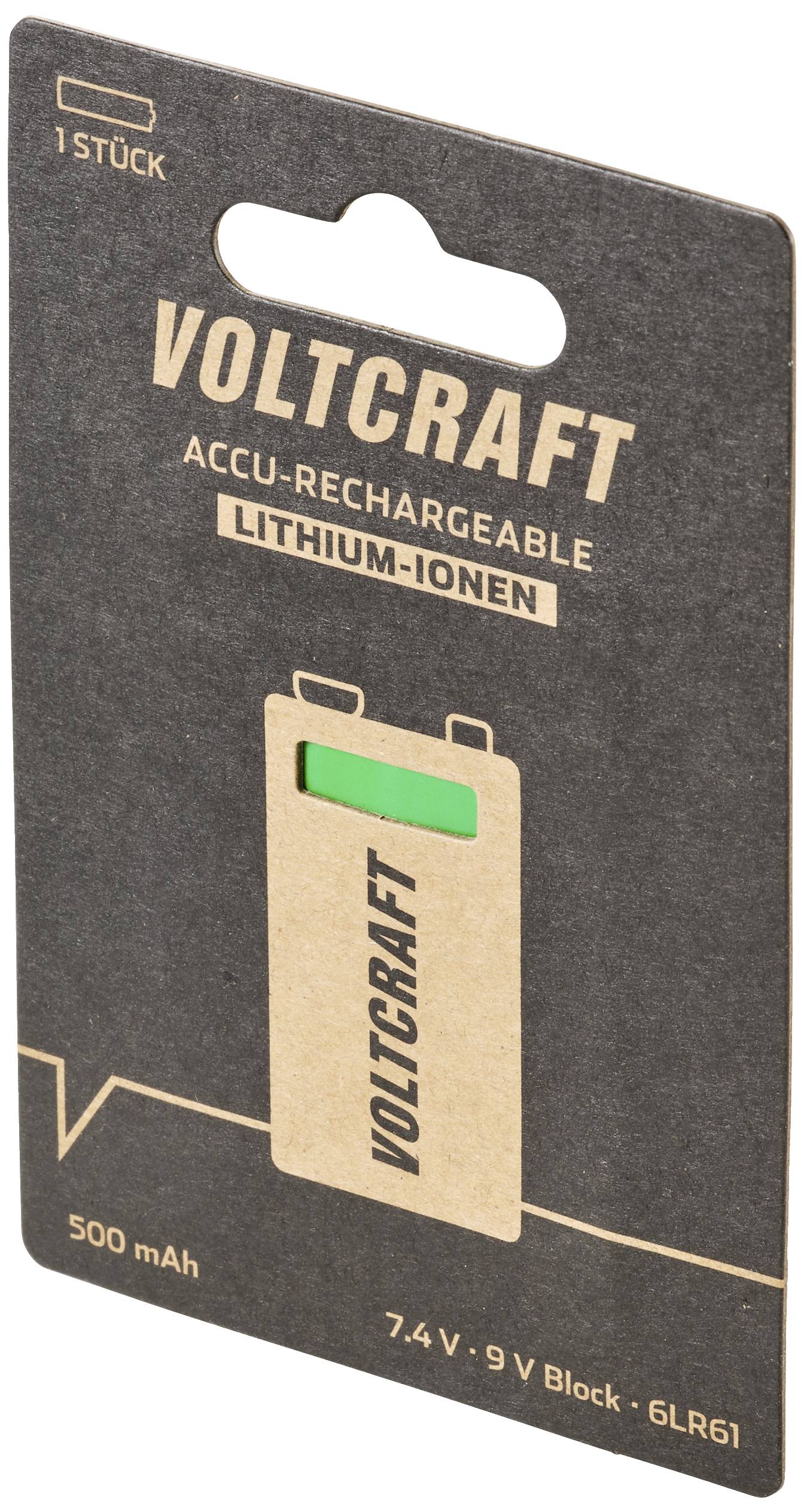 Verpackung einer wiederaufladbaren Lithium-Ionen-Batterie von Voltcraft, 1 Stück, 9V Block, 7,4V, 500mAh, Modell 6LR61.