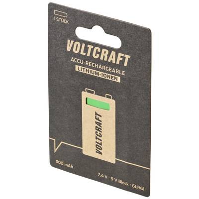Verpackung einer wiederaufladbaren Lithium-Ionen-Batterie von Voltcraft, 1 Stück, 9V Block, 7,4V, 500mAh, Modell 6LR61.