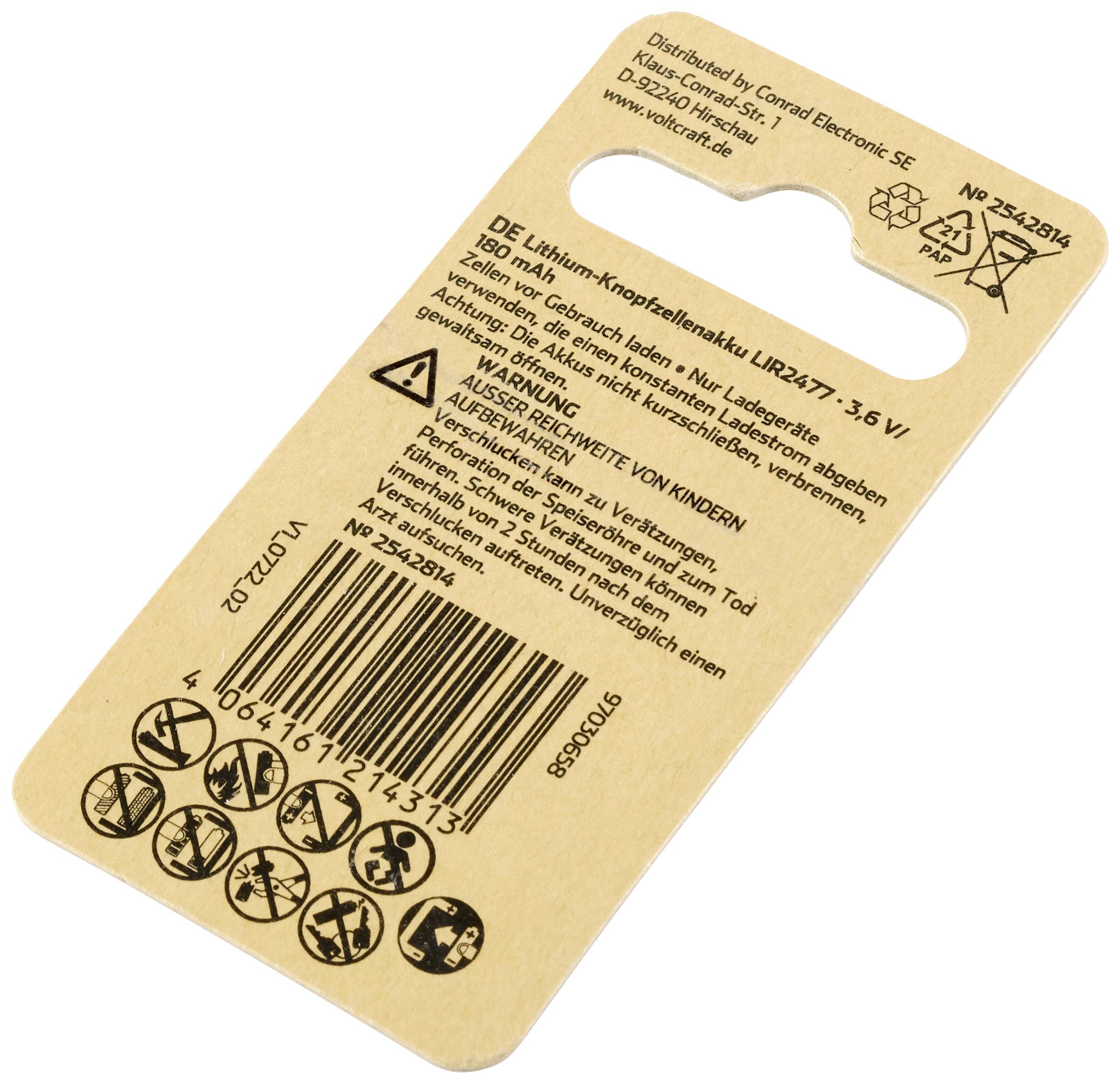 Rückseite einer Verpackung für Lithium-Knopfzellenbatterien. Enthält Warnhinweise und Herstellerdetails. Barcodes und Symbole sichtbar.