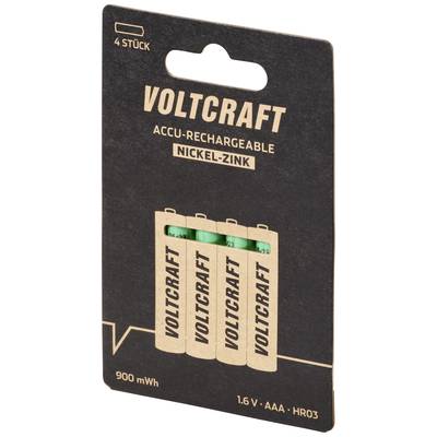 Verpackung mit vier wiederaufladbaren Voltcraft Nickel-Zink AAA-Batterien, 1,6 V, 900 mWh.