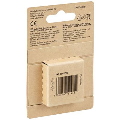 Rückseite einer Verpackung für Nickel-Zink-Akku AAA mit Details zu Spannung, Kapazität und Vertriebsinformationen. Enthält Barcode.