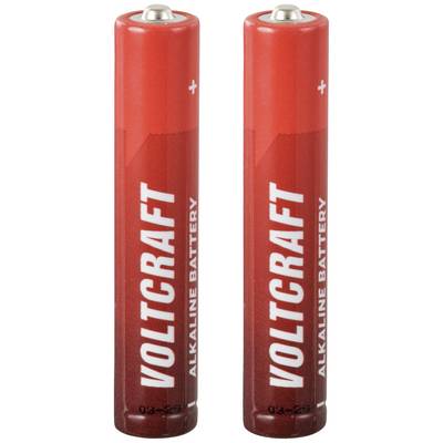 Zwei rote AAA-Batterien nebeneinander, vertikal ausgerichtet, mit der Aufschrift 'Voltcraft Alkaline Battery'.