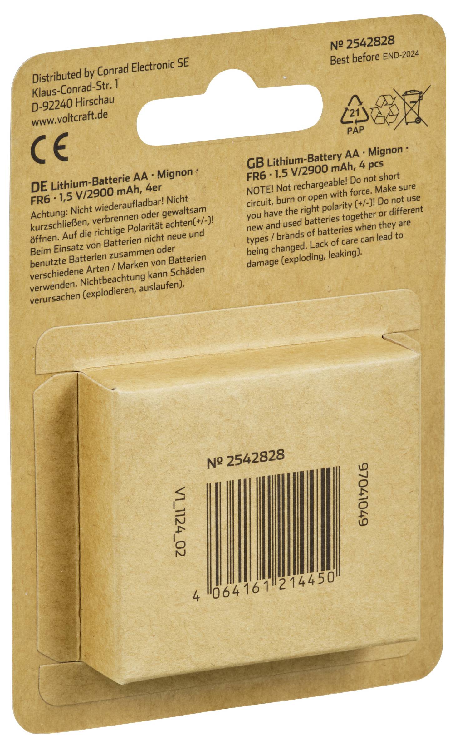 'Verpackung einer Lithium-Batterie AA, 1,5 V/2900 mAh, Mignon. Hinweise zur Entsorgung und Kontaktinformationen des Herstellers.'