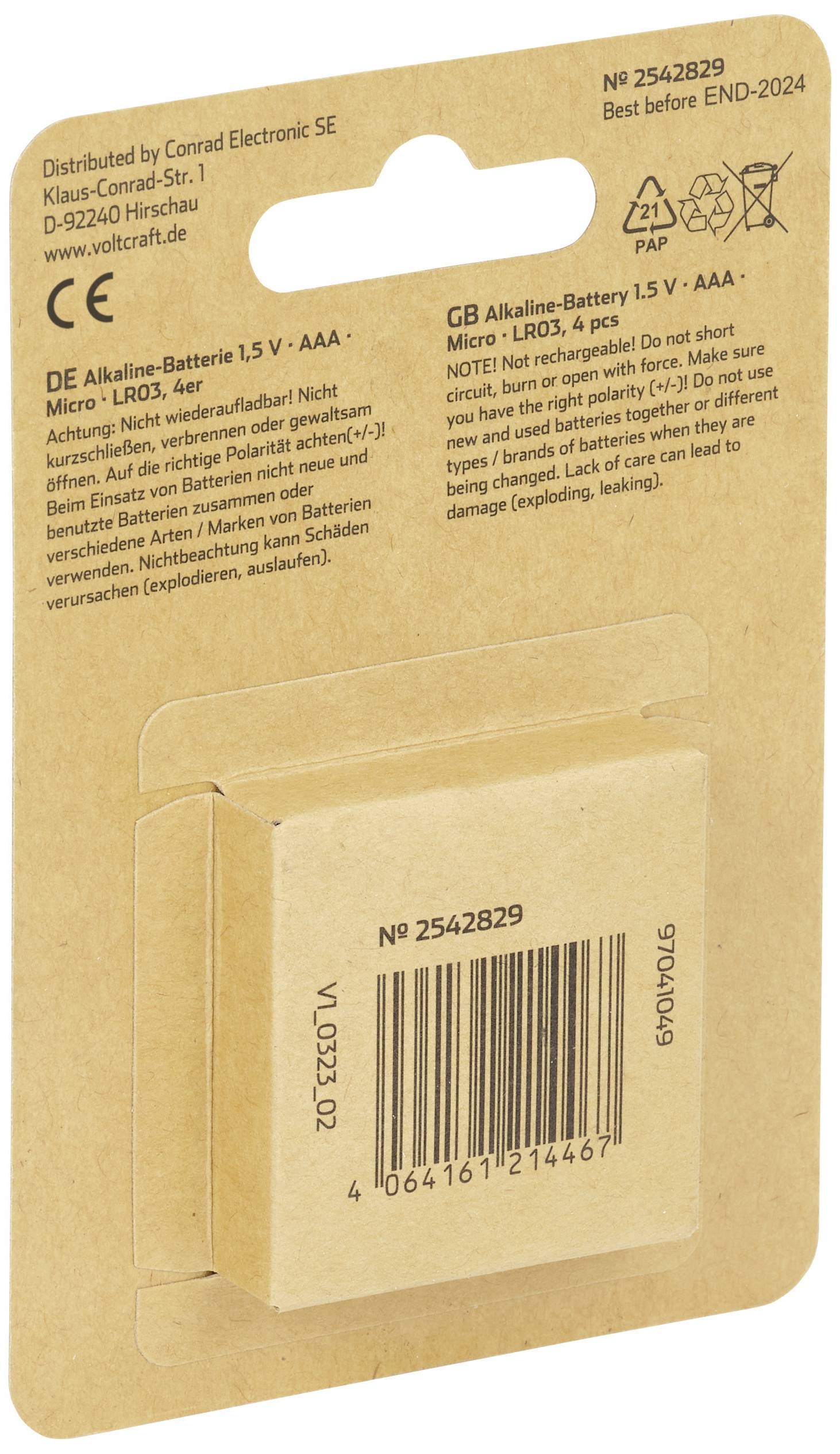 Verpackungsrückseite mit Batterieninformationen auf Deutsch und Englisch, Markenname oben, Strichcode unten. Haltbarkeitsdatum bis Ende 2024.