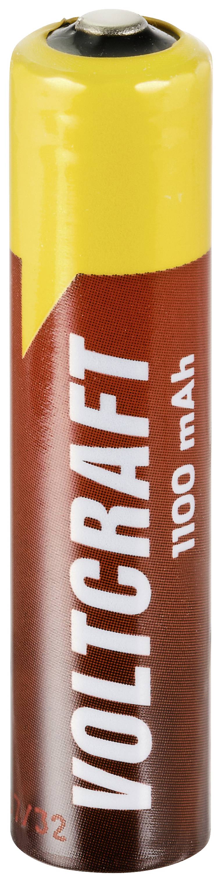 Gelbe und braune zylindrische Batterie, beschriftet mit 'VOLTCRAFT' und '100 mAh', zeigt die Kapazität an.