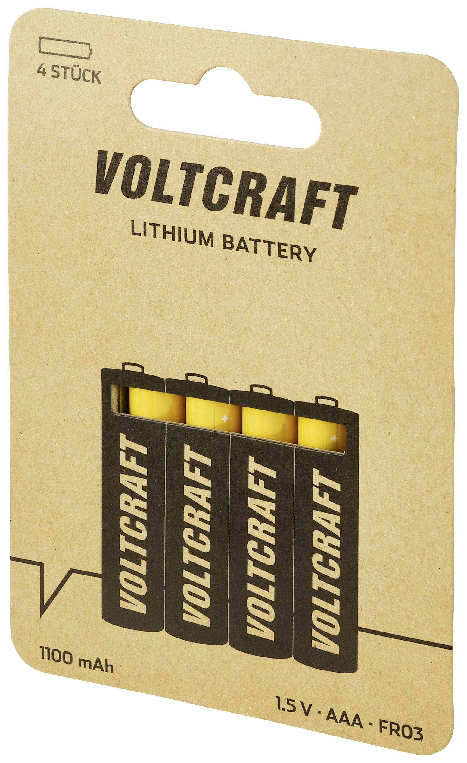 'Voltcraft Lithium Batterie' Verpackung mit vier AAA-Batterien, 1100 mAh, 1,5 V.