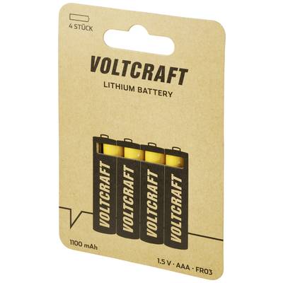 'Voltcraft Lithium Batterie' Verpackung mit vier AAA-Batterien, 1100 mAh, 1,5 V.