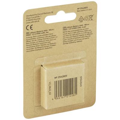 'Lithium-Batterie AAA, 1,5 V/1000 mAh, 4er Pack. Hergestellt von Conrad Electronic SE.' Verpackungsrückseite mit Barcode.