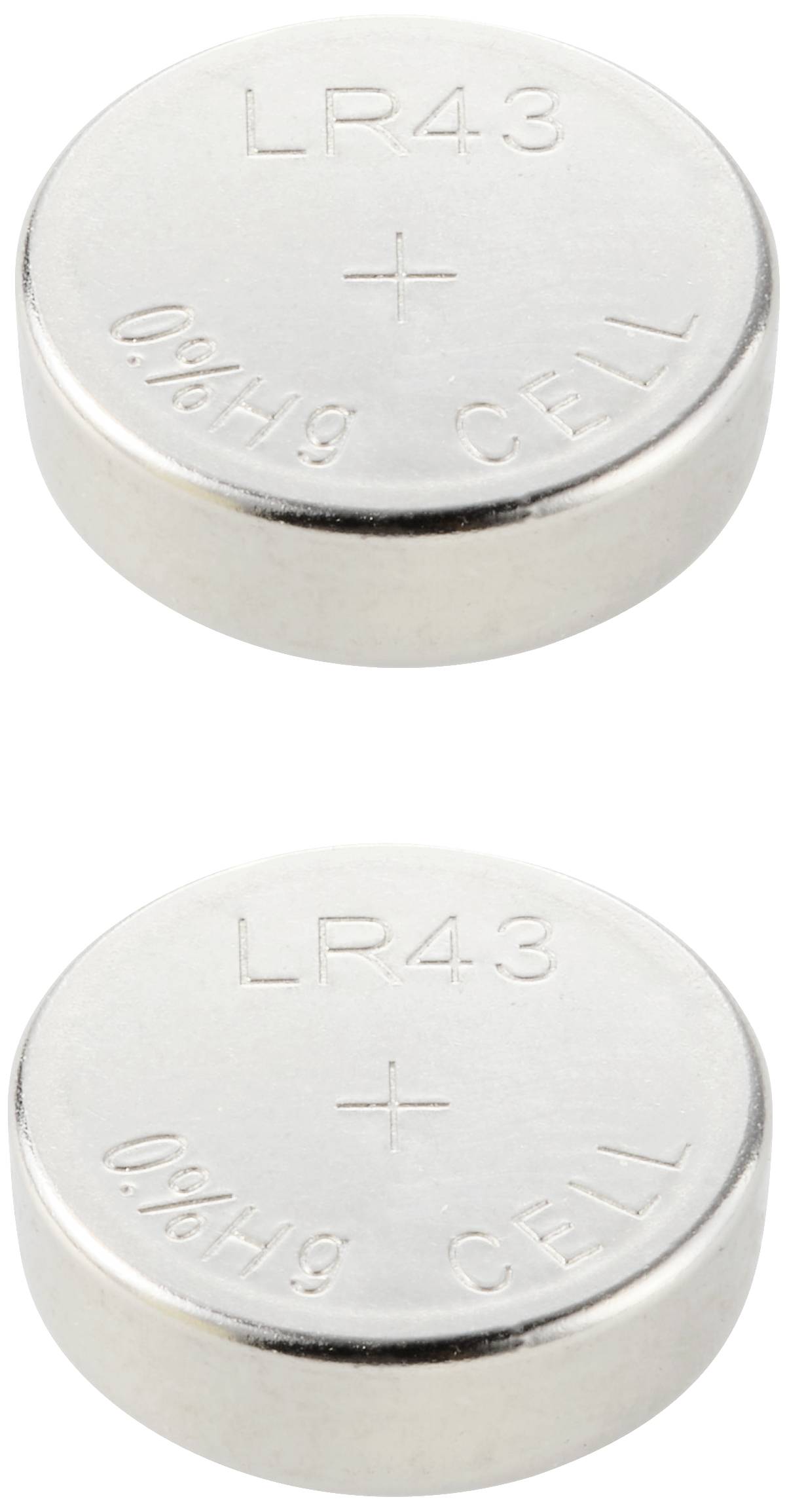 Zwei silberfarbene Knopfzellenbatterien mit der Aufschrift 'LR43', '0%Hg', und 'CELL'.