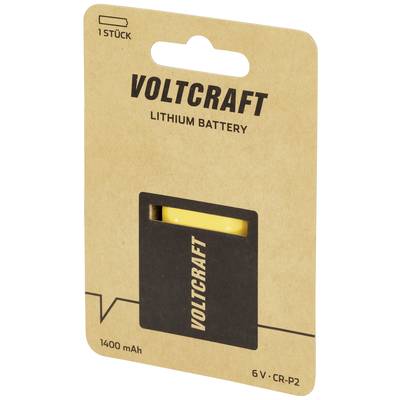 Lithium-Batterie von Voltcraft, 6 V, 1400 mAh, in einer braunen Verpackung mit Sichtfenster.