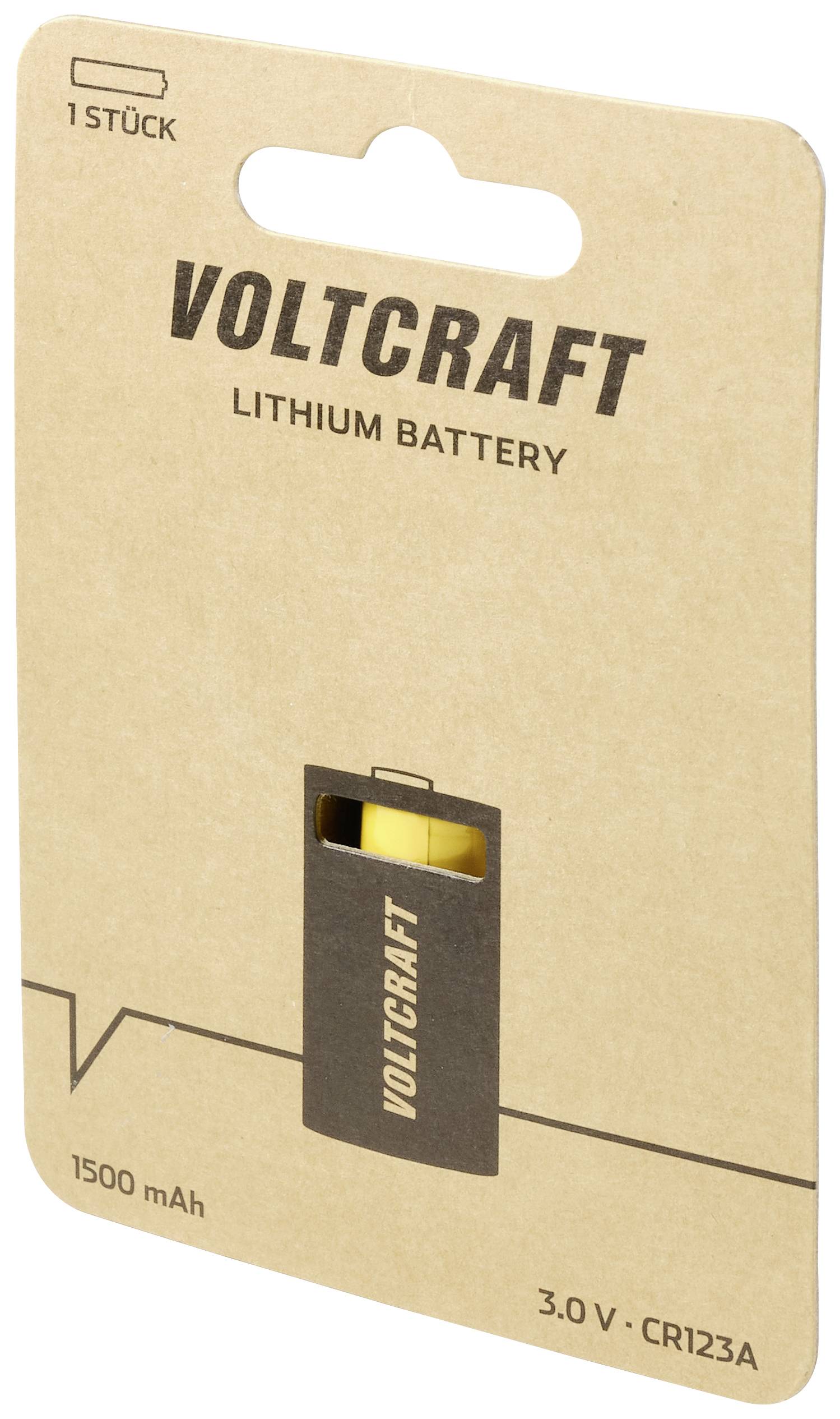 Verpackung einer 'Voltcraft Lithium-Batterie', Modell CR123A, 1500 mAh, 3,0 V. Enthält eine Batterie pro Packung.