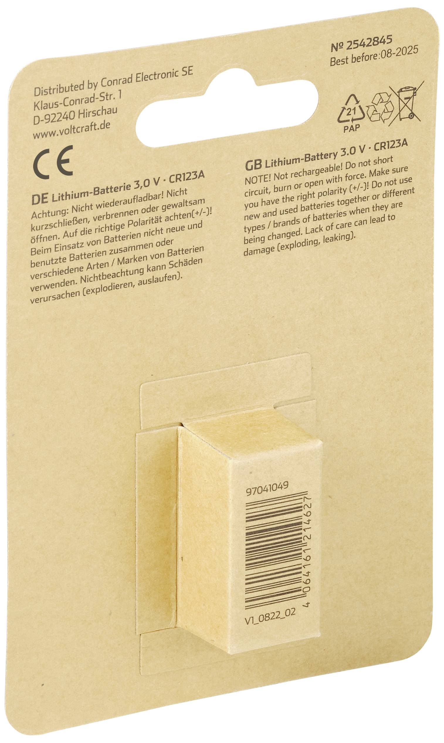 Rückseite einer Batterieverpackung mit Produktinformationen auf Deutsch und Englisch, inklusive Warnhinweisen und Herstelleradresse.