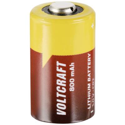 Lithium-Batterie 3V, Marke 'Voltcraft', 800 mAh, CR2-Größe, gelb-brauner Farbverlauf, positive und negative Pole sichtbar.