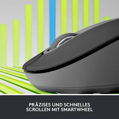 Die Werbung zeigt eine Computermaus mit der Aufschrift 'Präzises und schnelles Scrollen mit SmartWheel'. Sie ist modern und ergonomisch gestaltet.