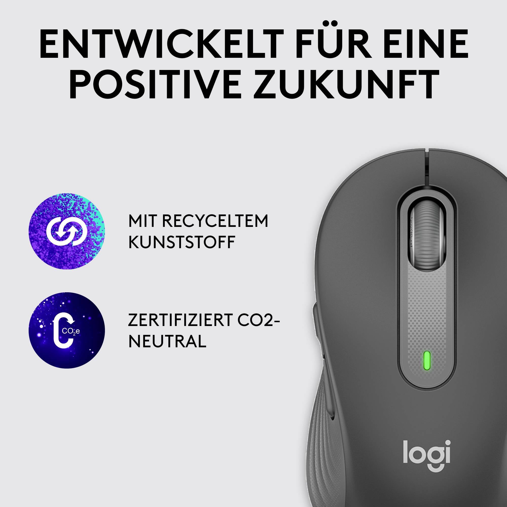 Eine graue Maus mit Logitech-Logo, umgeben von zwei Symbolen: 'Mit recyceltem Kunststoff' und 'Zertifiziert CO2-neutral'.