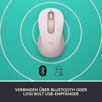 'Maus' auf türkisfarbenem Hintergrund mit 'Bluetooth' und 'USB'-Symbolen. Text: 'Verbinden über Bluetooth oder Logi Bolt USB-Empfänger'.