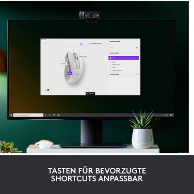 Ein Monitor zeigt eine Software zum Anpassen von Maustasten für 'bevorzugte Shortcuts', mit Bild einer Maus und Einstellungsoptionen.