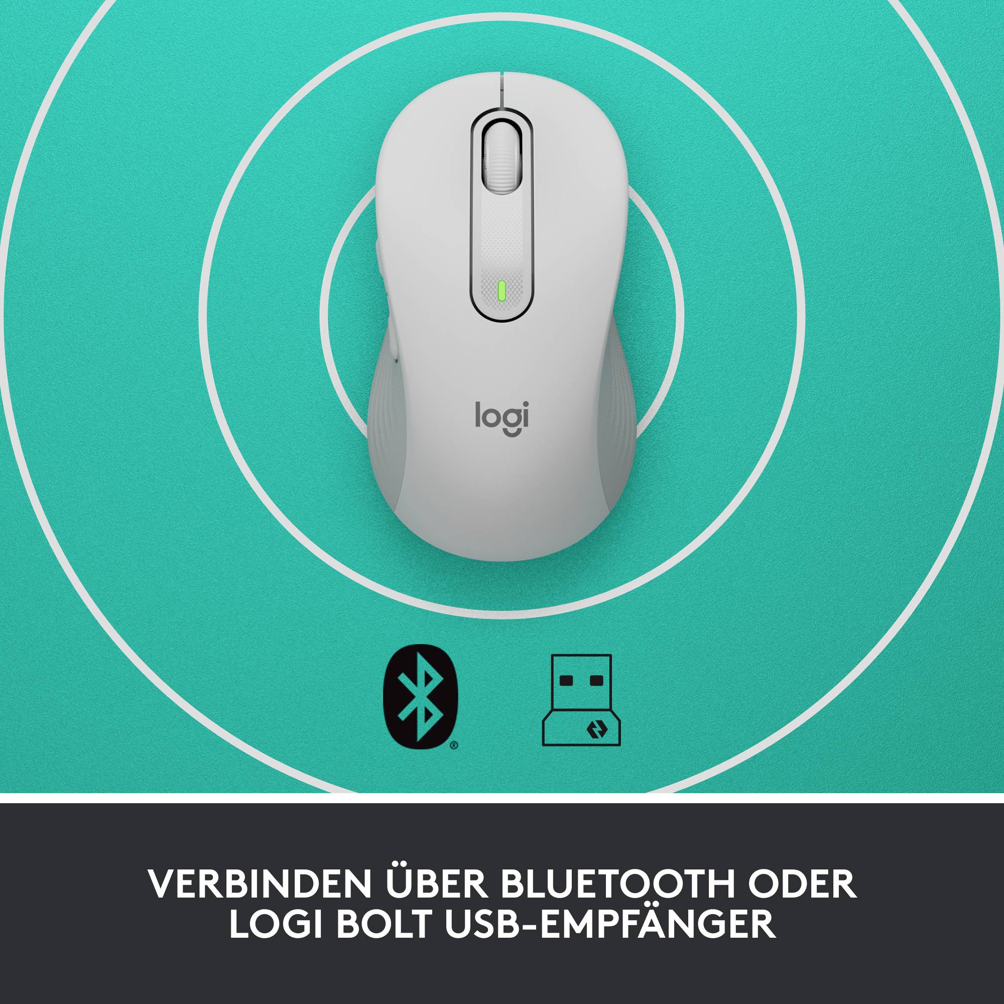 Computermaus auf grünem Hintergrund, verbindet über Bluetooth oder Logi Bolt USB-Empfänger. Symbole für beide Verbindungsarten sichtbar.