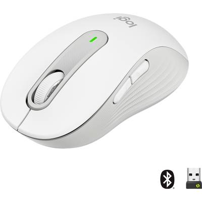 Weiße kabellose Computermaus mit Scrollrad und Seitentaste, Bluetooth- und USB-Empfänger abgebildet. Markenlogo oben sichtbar.