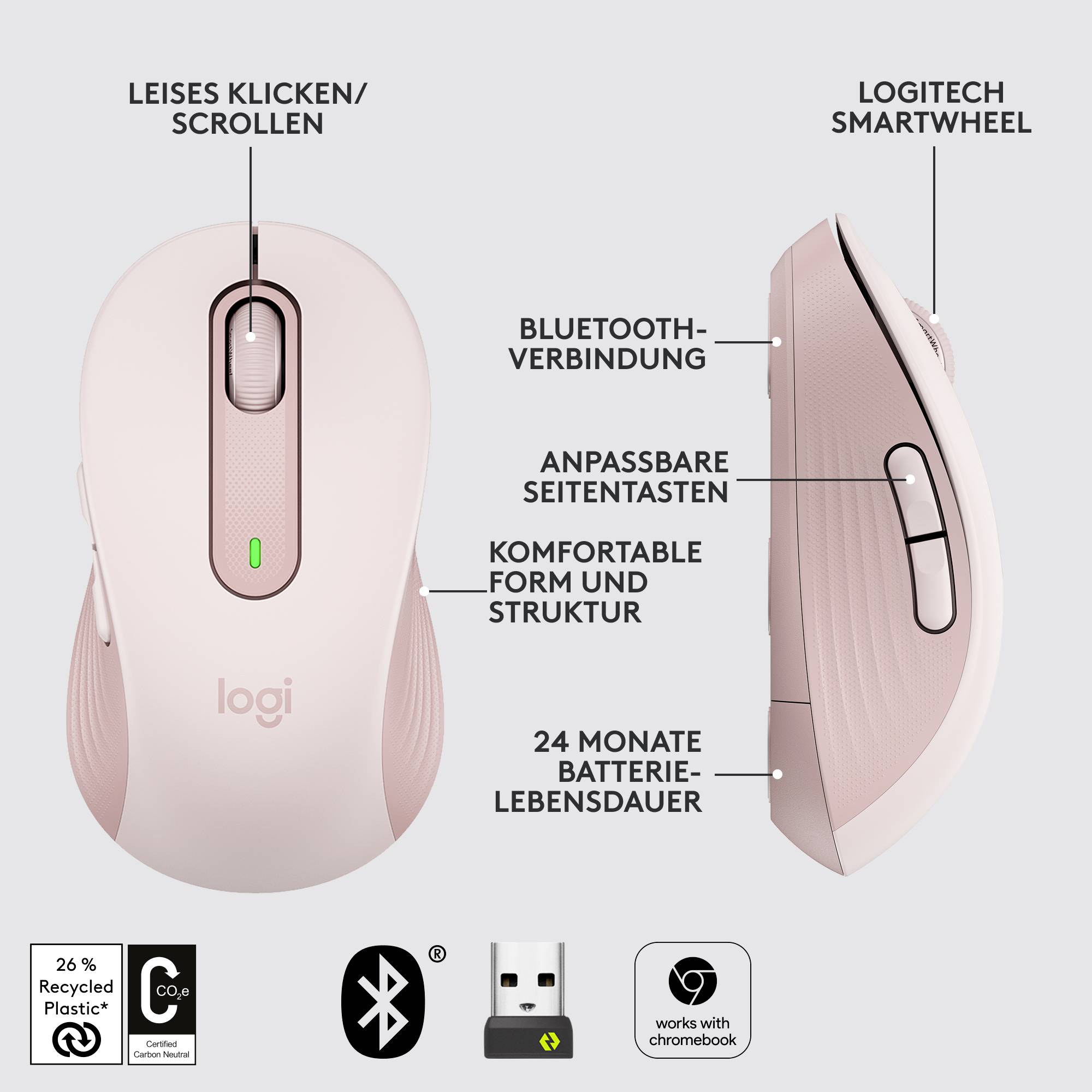 Logitech Signature M650 Maus Funk, Bluetooth® Rechtshänder Größe: M Optisch Rose 5 Tasten 4000 dpi-9