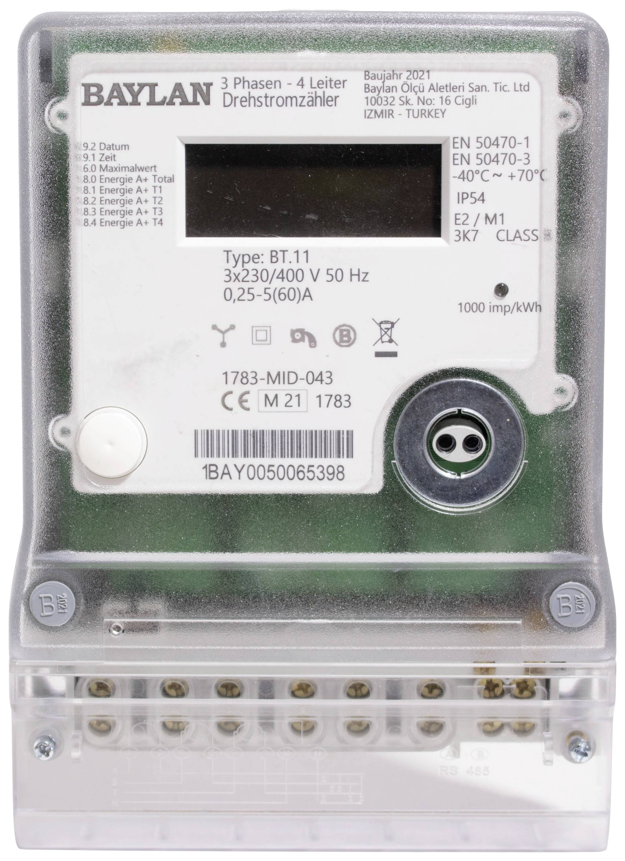 'BAYLAN Drei-Phasen-Drehstromzähler' zeigt technische Spezifikationen wie Spannung (3x230/400 V) und Schutzart (IP54).