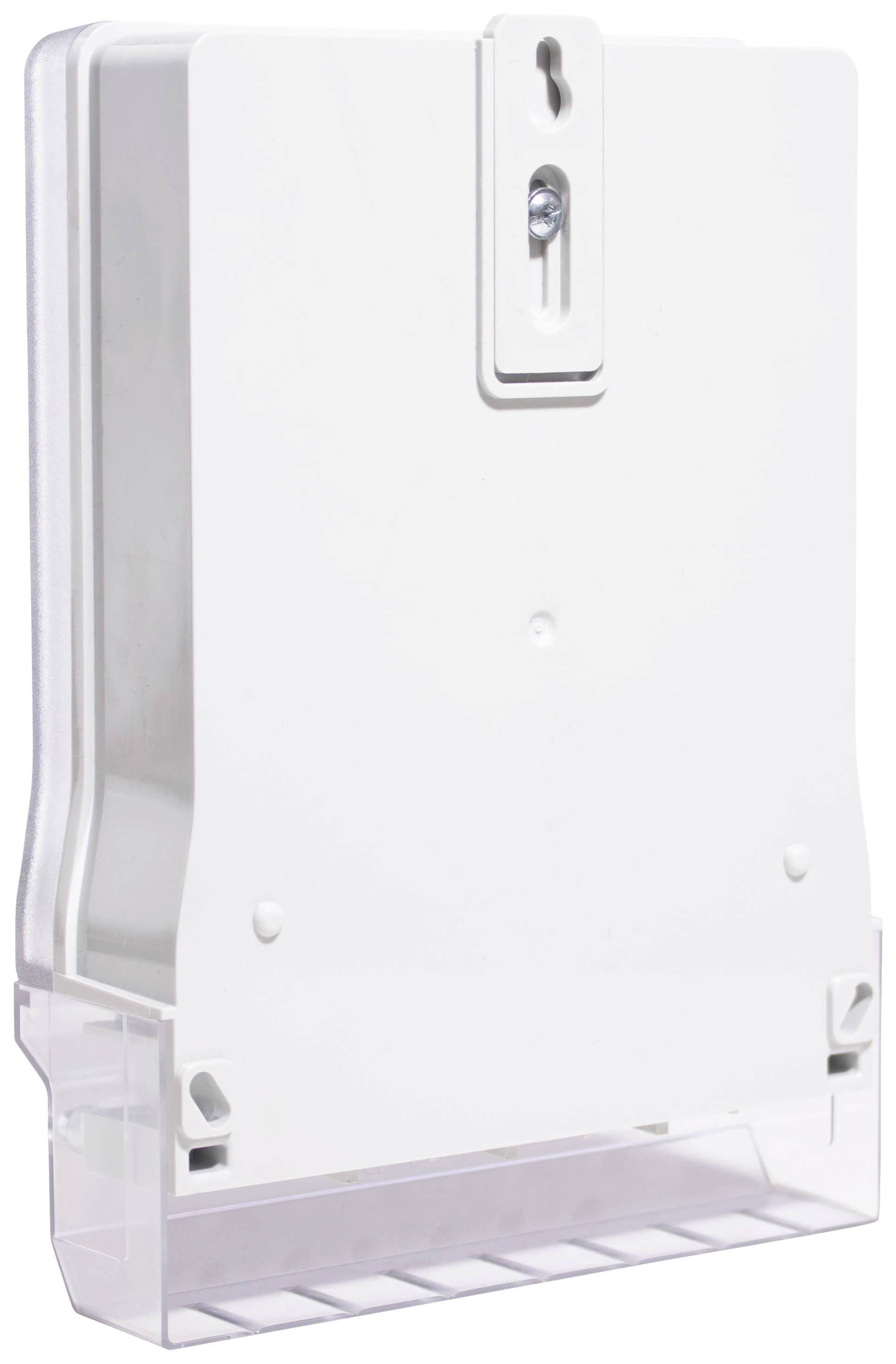 Weiße, rechteckige Wandhalterung mit transparenter, abnehmbarer Abdeckung unten. Geeignet für Organizer oder Schutzvorrichtungen.