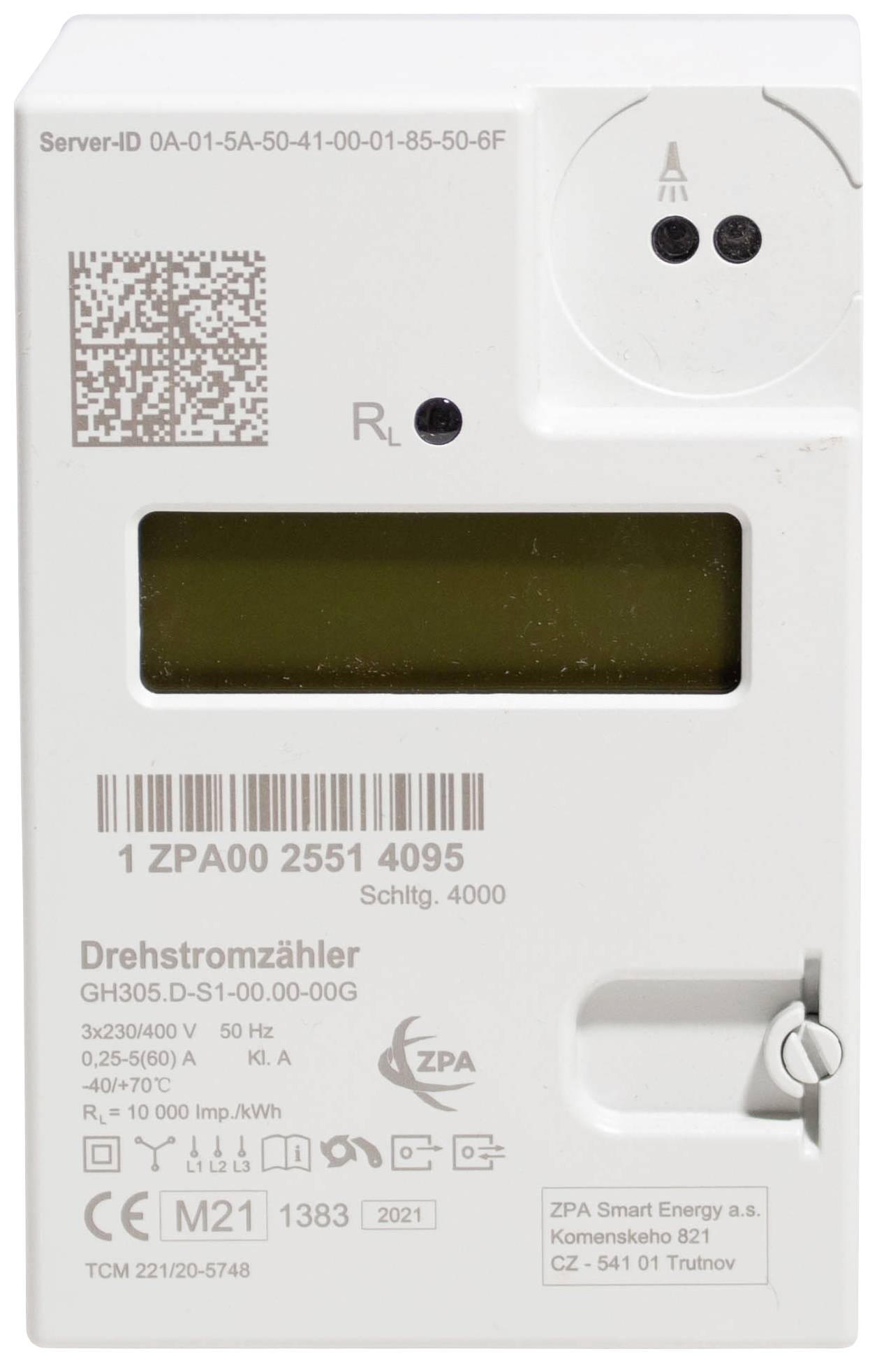 'Digitaler Drehstromzähler, ZPA Smart Energy, mit LCD-Anzeige und Server-ID. Oberhalb der Anzeige sind LED-Leuchten platziert.'