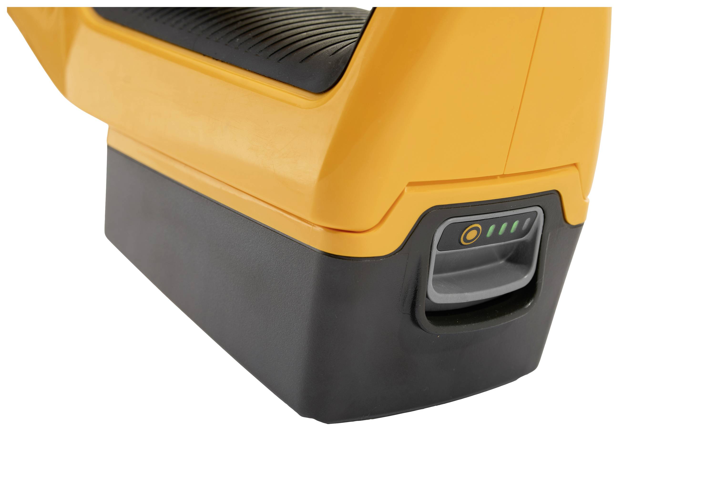 'Nahaufnahme einer orangefarbenen Maschine mit einem Batteriestandsanzeiger, der drei grüne Balken anzeigt.'