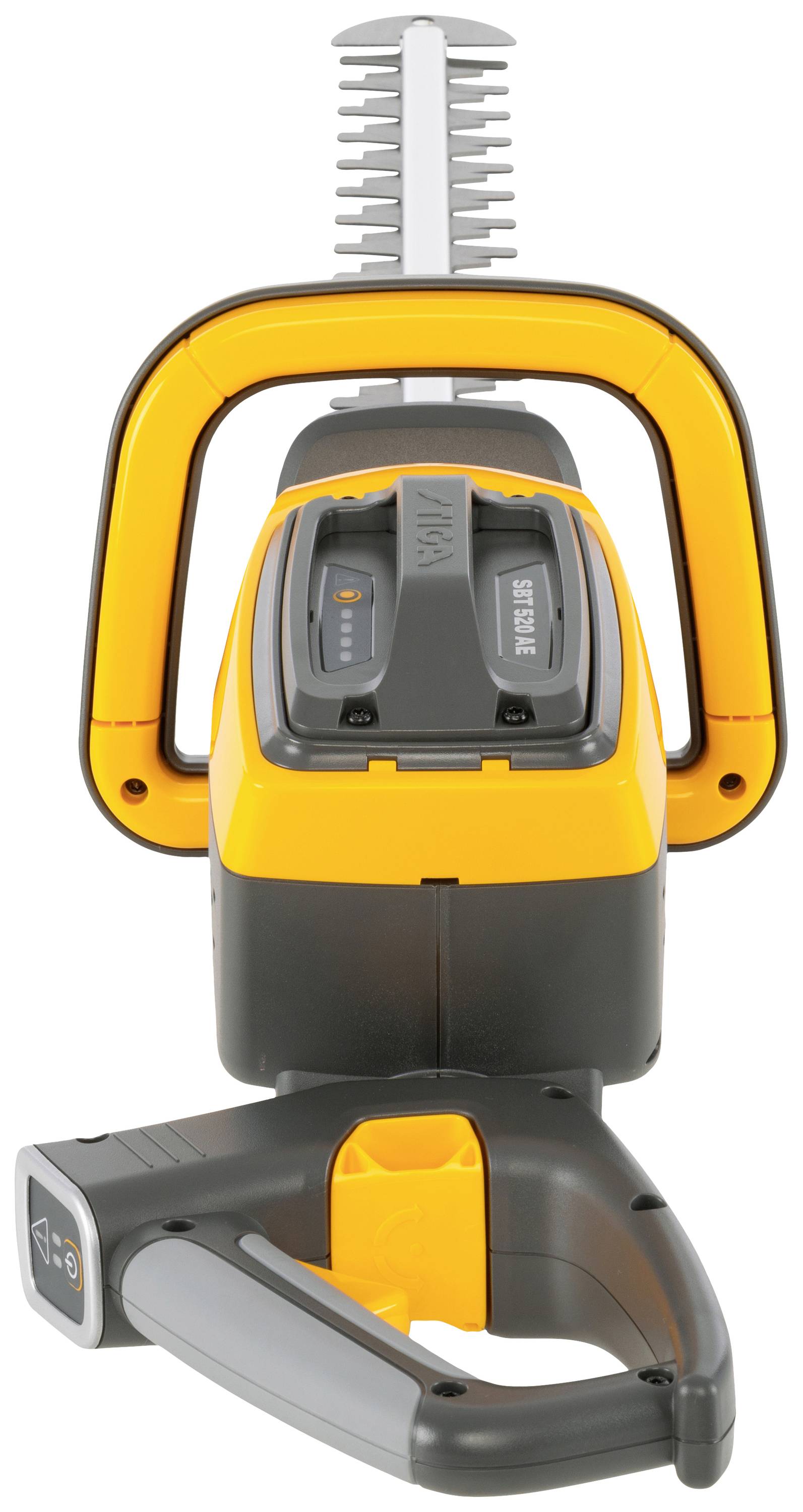 Elektro-Heckenschere mit ergonomischem Griff und doppelseitiger Klinge. Ideal für präzisen Schnitt von Hecken und Sträuchern.