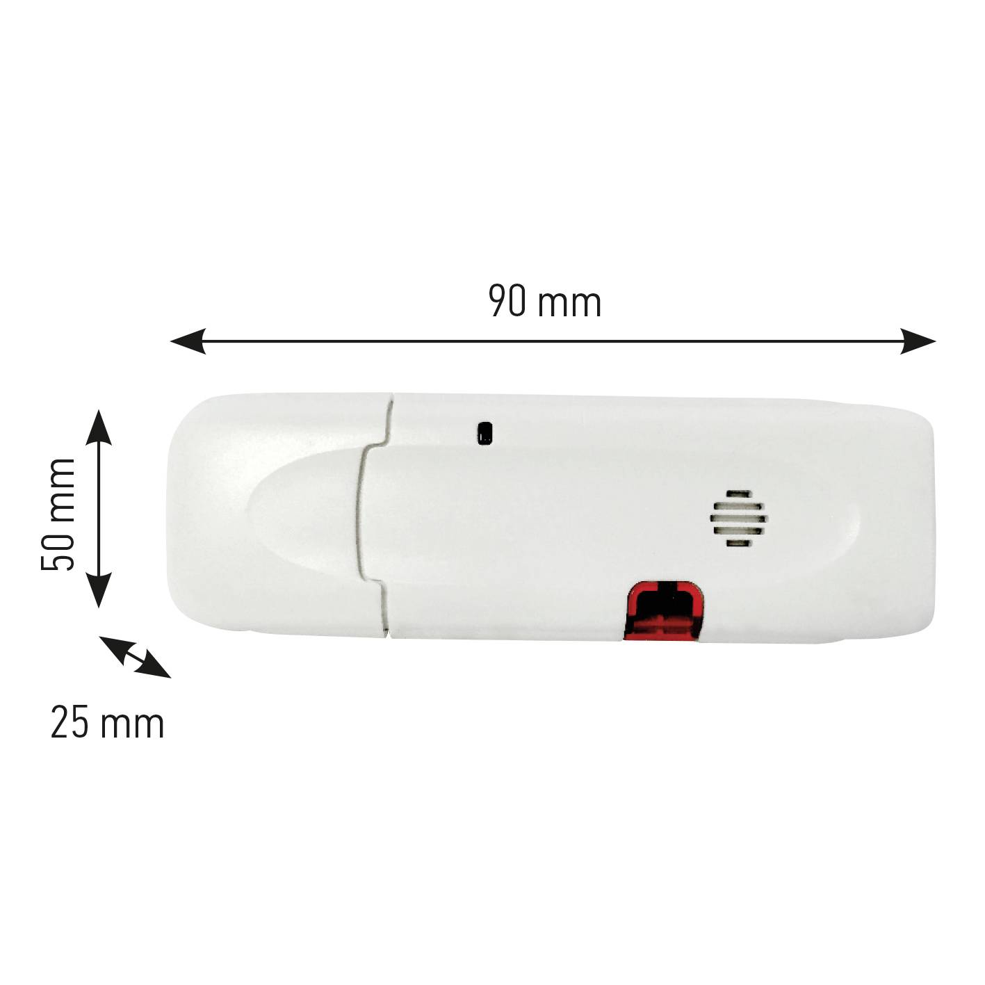 Ein weißes Gerät, rechteckig geformt, mit Maßen: 90 mm Länge, 50 mm Höhe, 25 mm Breite. Vorderseite zeigt Lautsprecheröffnungen.